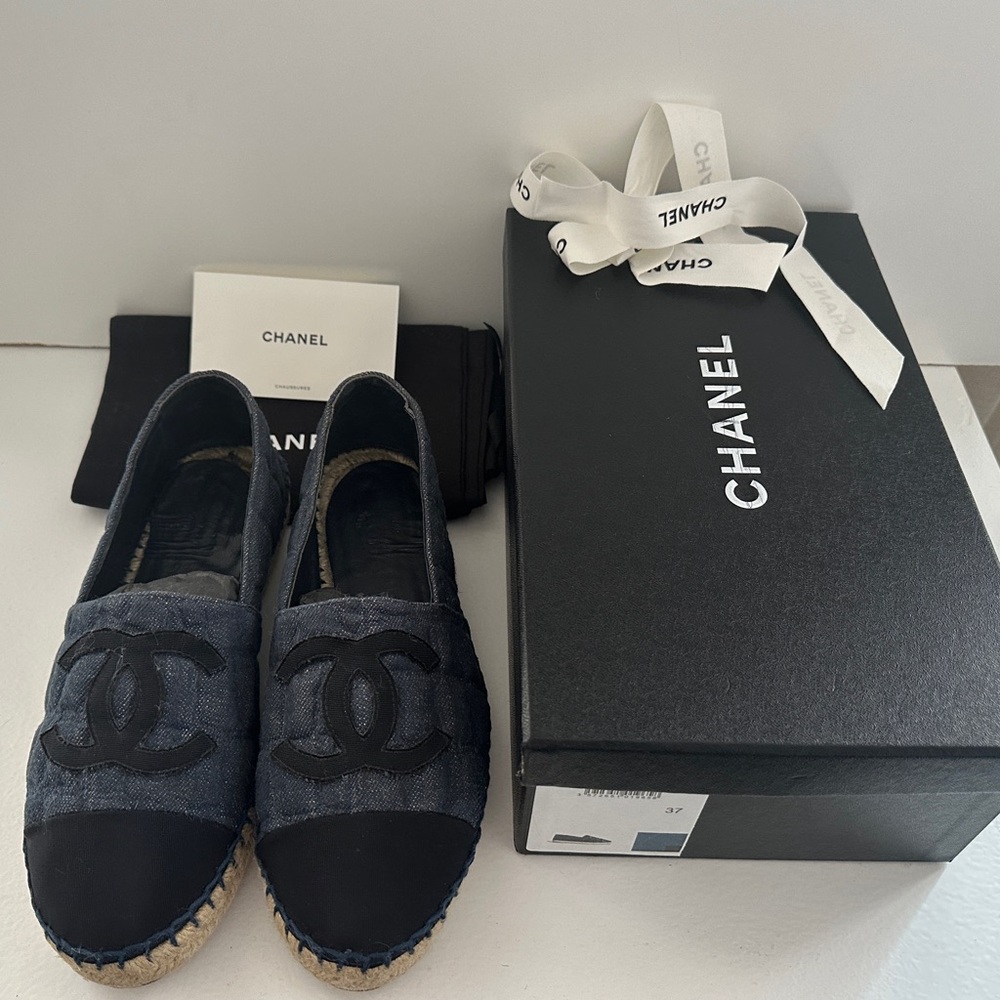 CHANEL Denim Espadrilles with Black Accents Size 37 Womens Authentic